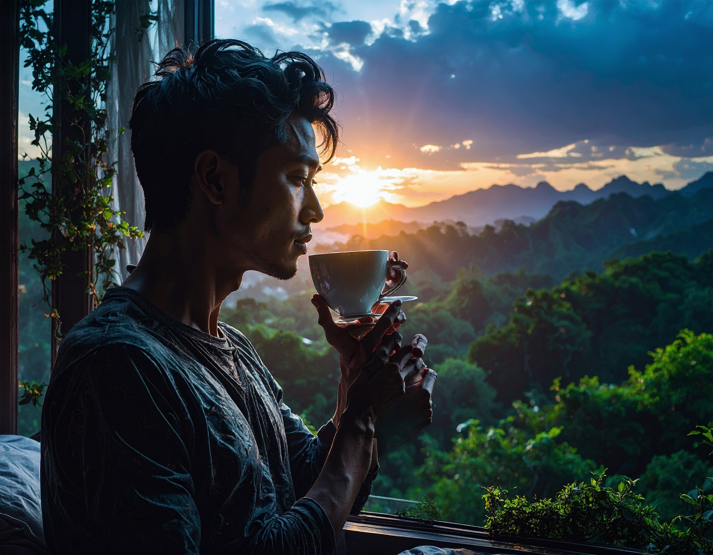 Homem contemplativo segurando uma xícara de café próximo a uma janela, com paisagem montanhosa ao fundo ao pôr do sol. Iluminação suave e natural destaca o perfil do rosto, criando um contraste dramático com o céu alaranjado e nuvens. Composição equilibrada com foco em detalhes da cena externa e atmosfera serena.